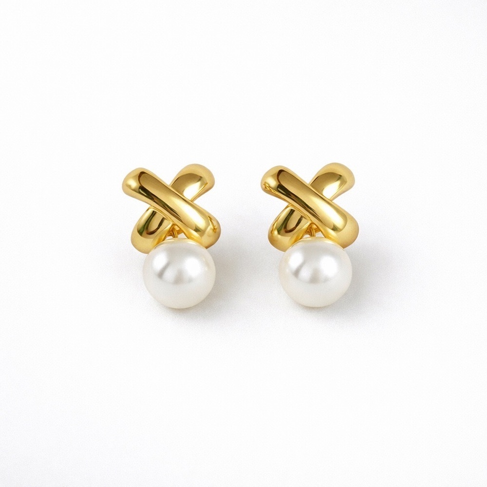 Gold X Pearl Stud Earrings (1212)